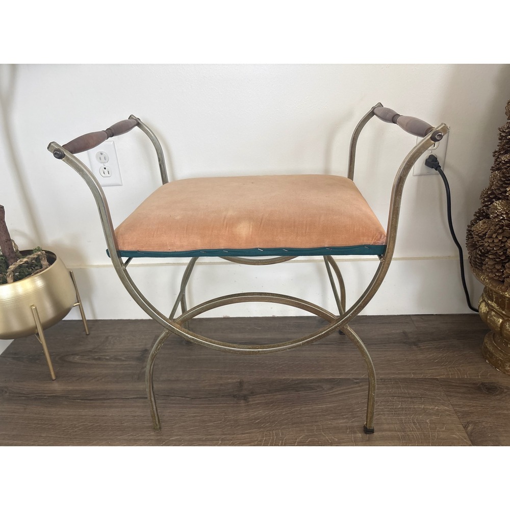 Vintage 60 Hollywood Regency Brass Curule Vanity Stool Peach Velvet Wood Handles